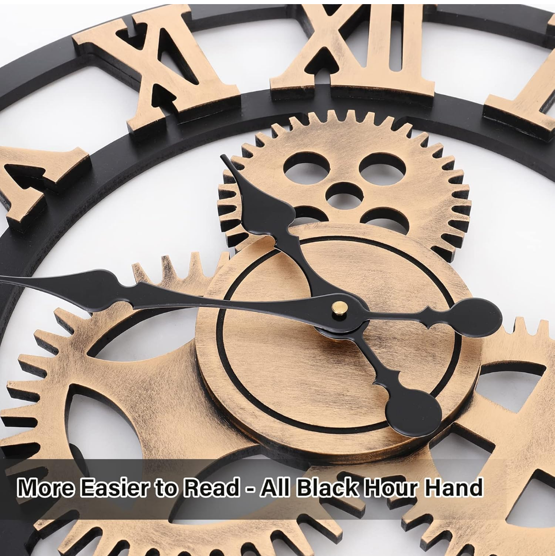 40cm Wall Clock,3D Gear Vintage Industrial Silent Roman Numeral Wall Clock